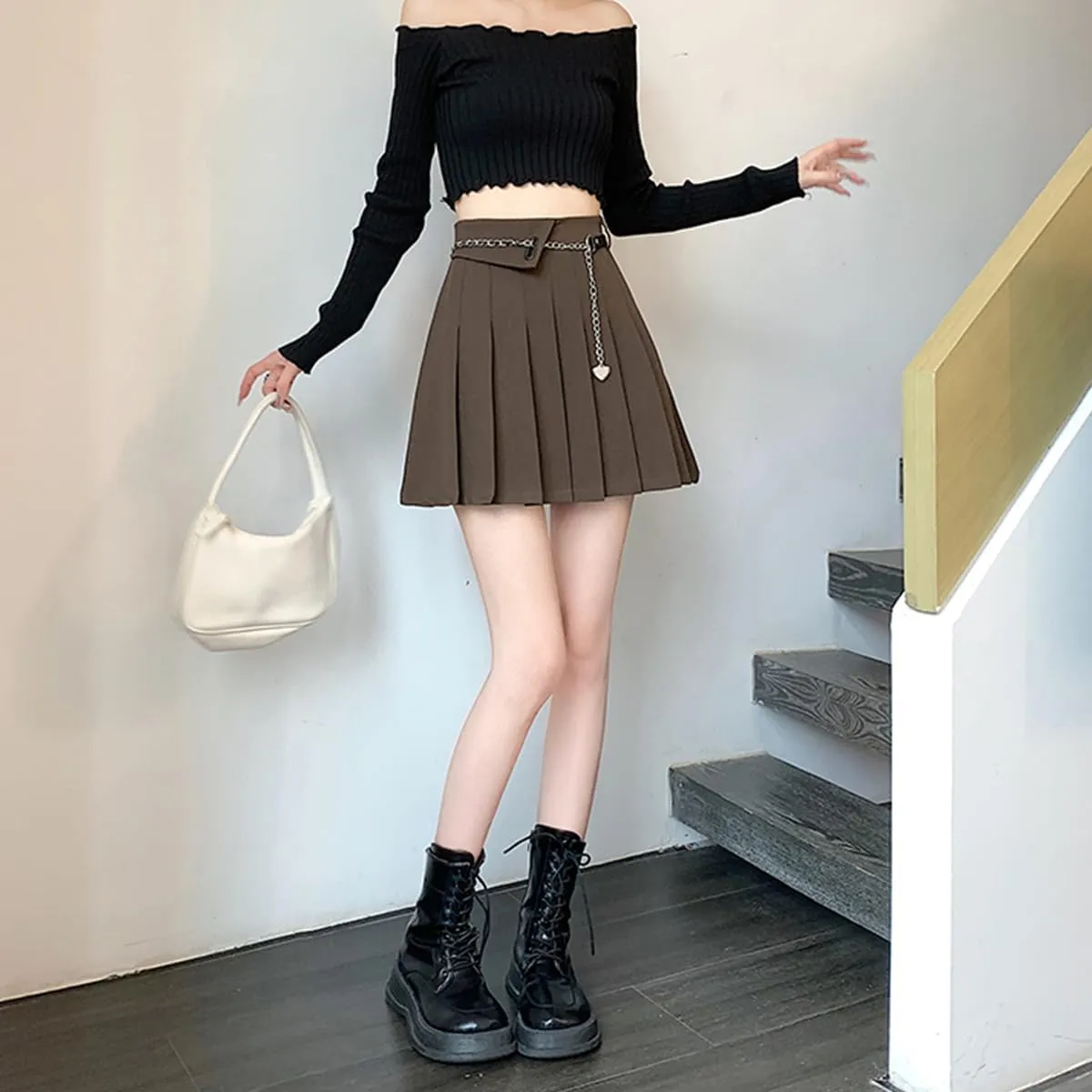 Gothic Fashion Womens Mini Skirt Casual Y2K High Waist A-Line Cute Heart Belt Pleated Skirt