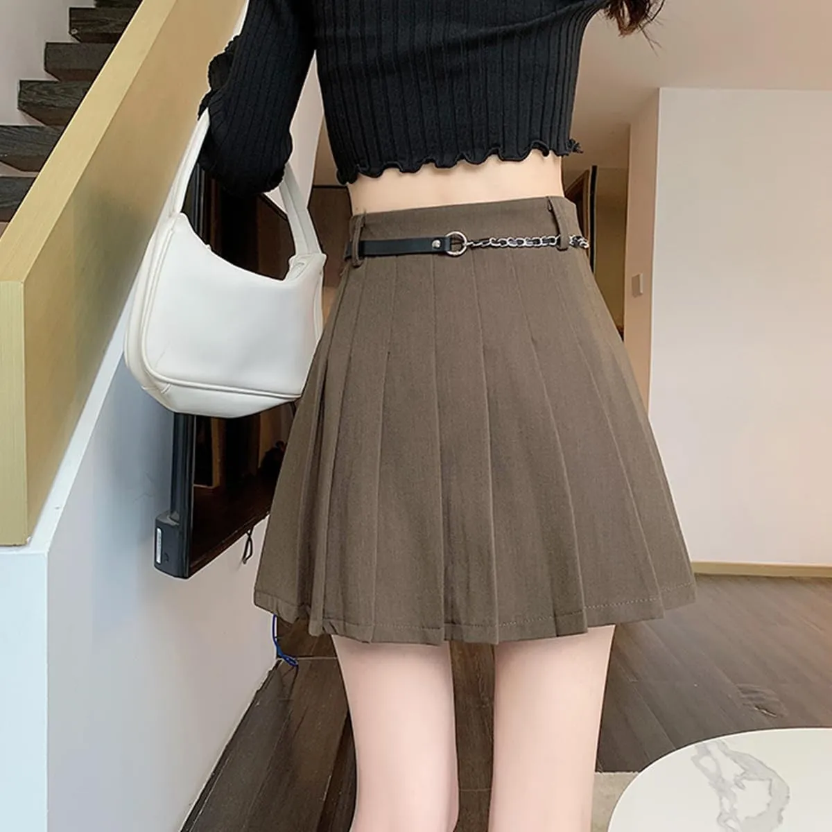 Gothic Fashion Womens Mini Skirt Casual Y2K High Waist A-Line Cute Heart Belt Pleated Skirt