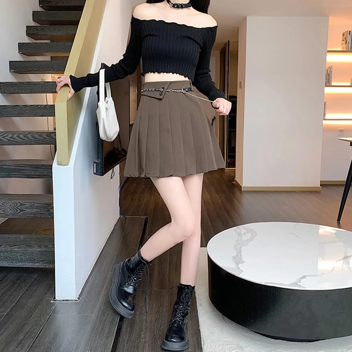 Gothic Fashion Womens Mini Skirt Casual Y2K High Waist A-Line Cute Heart Belt Pleated Skirt