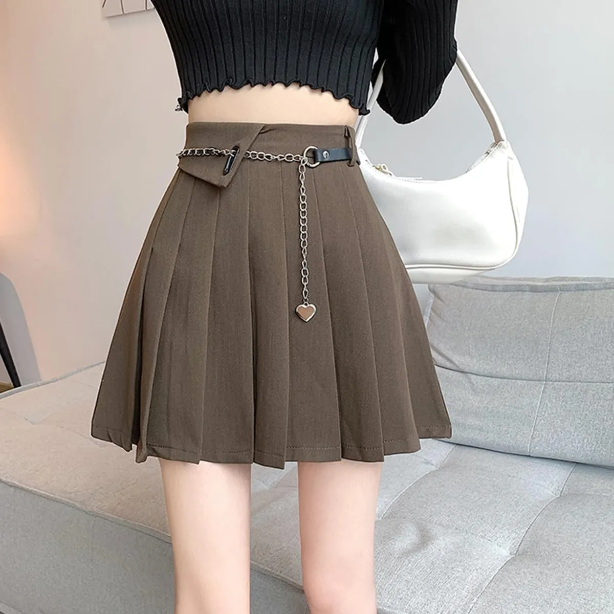 Gothic Fashion Womens Mini Skirt Casual Y2K High Waist A-Line Cute Heart Belt Pleated Skirt