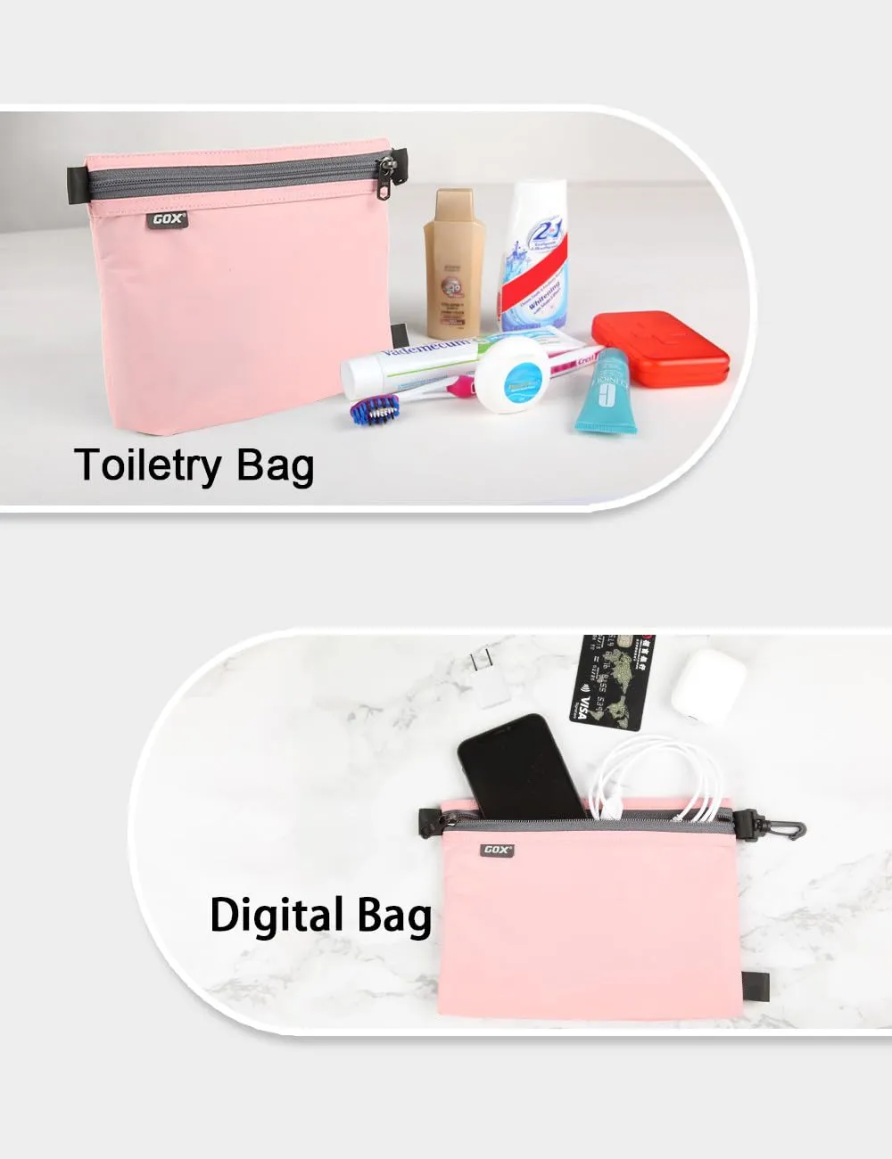 GOX Travel Toiletry Bag Carry On Zipper Pouch Cosmetic Kit Makeup Digital Bag Water Resistant Nylon (Pink)