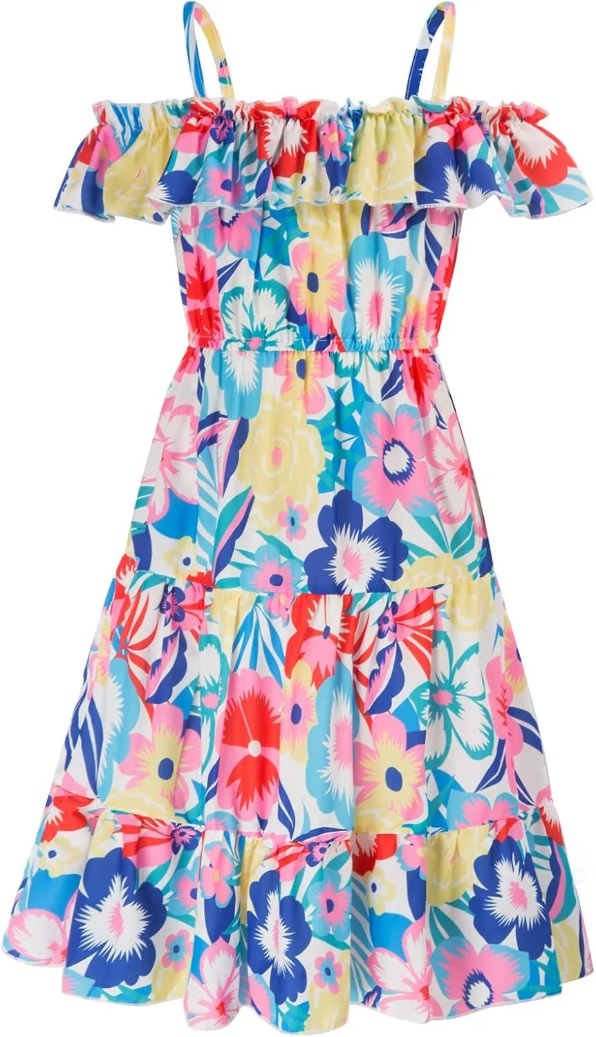 GRACE KARIN Girls Summer Dress Off Shoulder Ruffle Floral Spaghetti Strap Casual Sundress Tiered Midi Dress