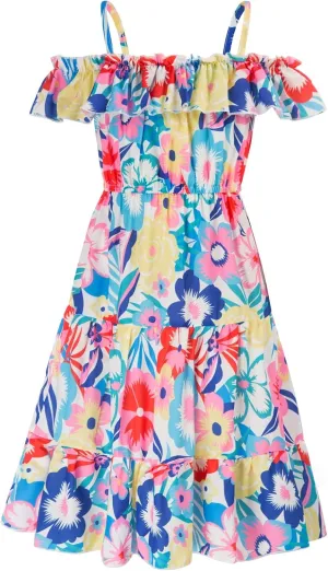 GRACE KARIN Girls Summer Dress Off Shoulder Ruffle Floral Spaghetti Strap Casual Sundress Tiered Midi Dress