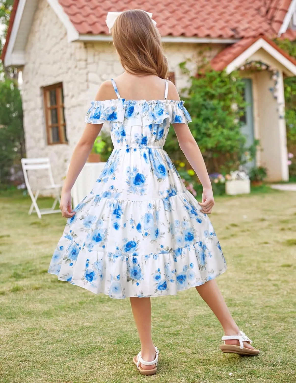 GRACE KARIN Girls Summer Dress Off Shoulder Ruffle Floral Spaghetti Strap Casual Sundress Tiered Midi Dress