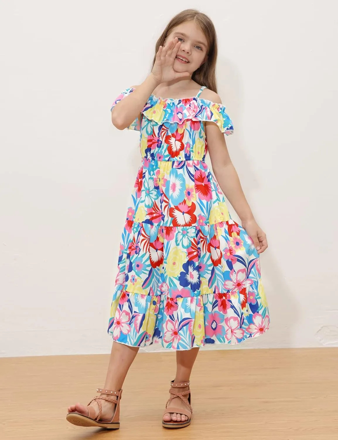 GRACE KARIN Girls Summer Dress Off Shoulder Ruffle Floral Spaghetti Strap Casual Sundress Tiered Midi Dress