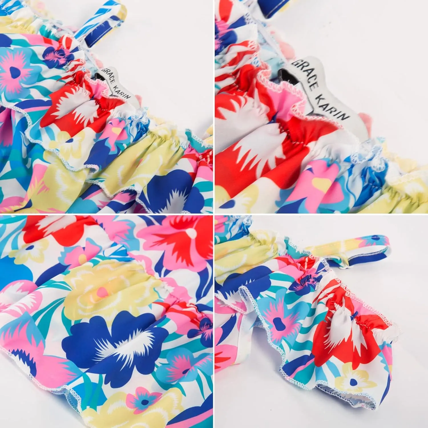 GRACE KARIN Girls Summer Dress Off Shoulder Ruffle Floral Spaghetti Strap Casual Sundress Tiered Midi Dress