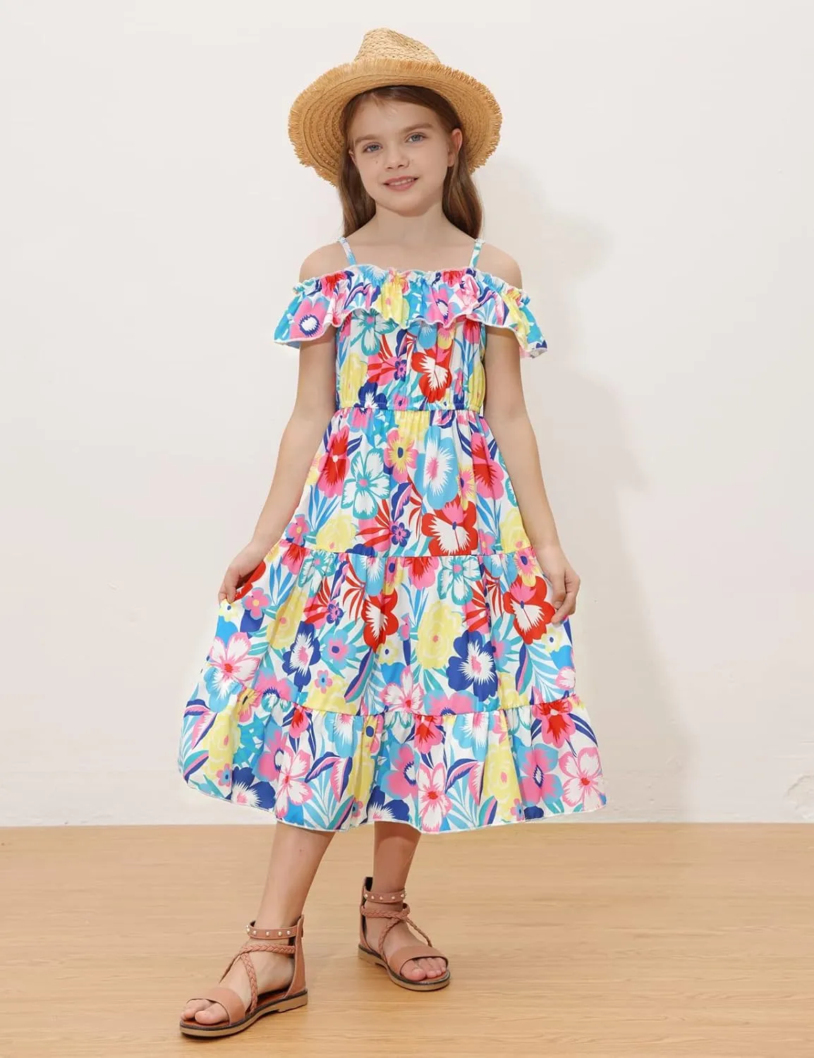 GRACE KARIN Girls Summer Dress Off Shoulder Ruffle Floral Spaghetti Strap Casual Sundress Tiered Midi Dress