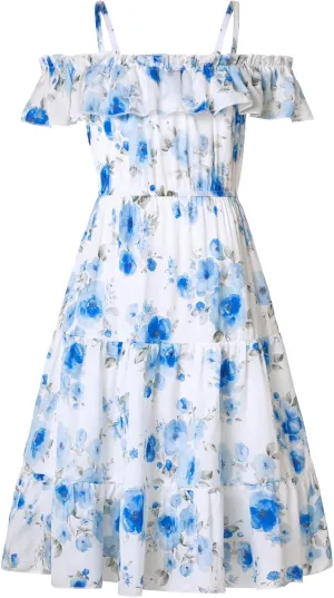 GRACE KARIN Girls Summer Dress Off Shoulder Ruffle Floral Spaghetti Strap Casual Sundress Tiered Midi Dress