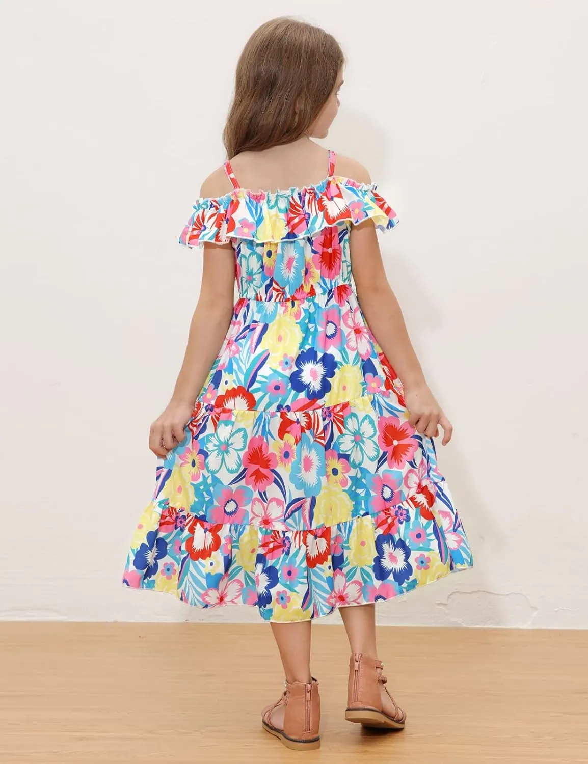 GRACE KARIN Girls Summer Dress Off Shoulder Ruffle Floral Spaghetti Strap Casual Sundress Tiered Midi Dress