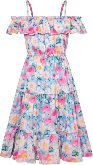 GRACE KARIN Girls Summer Dress Off Shoulder Ruffle Floral Spaghetti Strap Casual Sundress Tiered Midi Dress