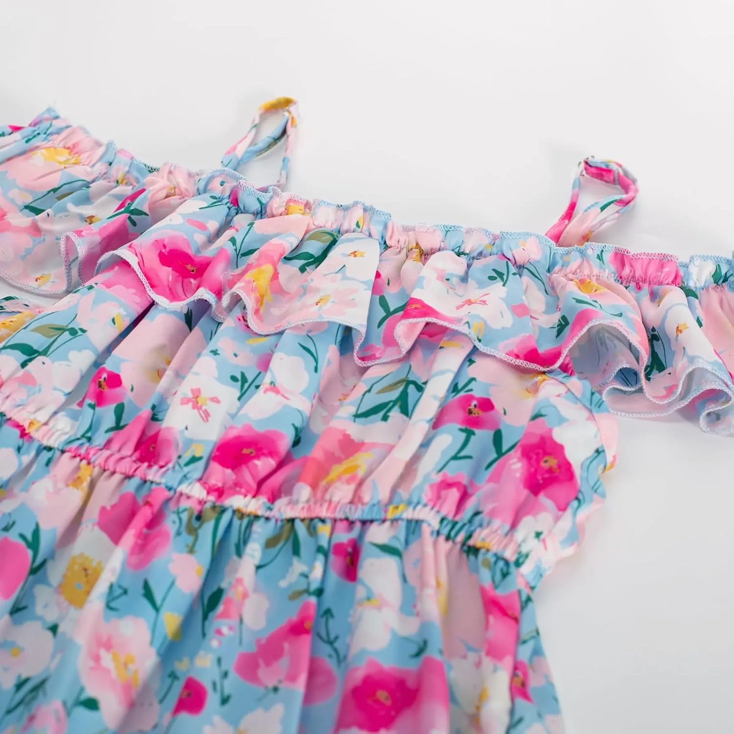 GRACE KARIN Girls Summer Dress Off Shoulder Ruffle Floral Spaghetti Strap Casual Sundress Tiered Midi Dress