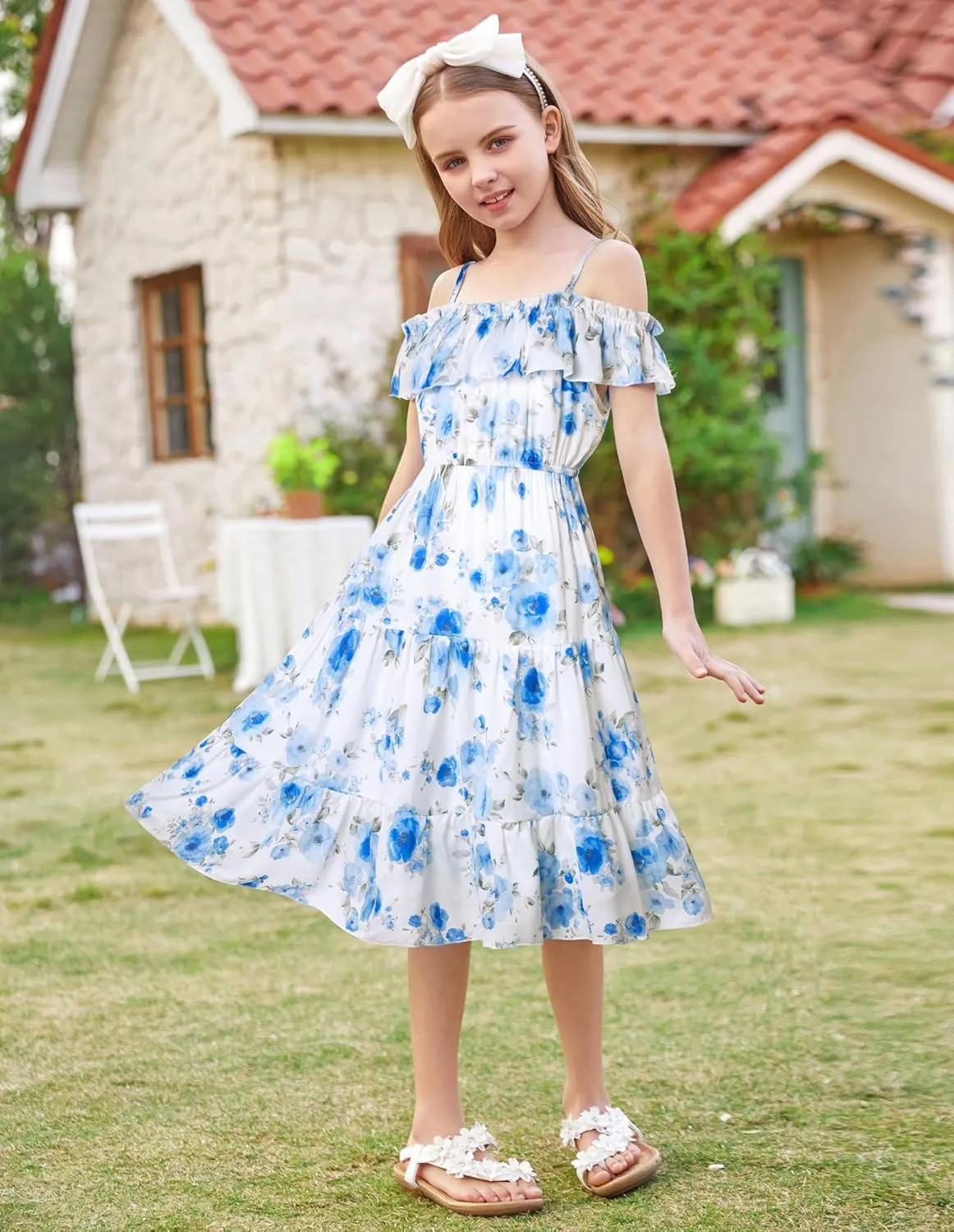 GRACE KARIN Girls Summer Dress Off Shoulder Ruffle Floral Spaghetti Strap Casual Sundress Tiered Midi Dress