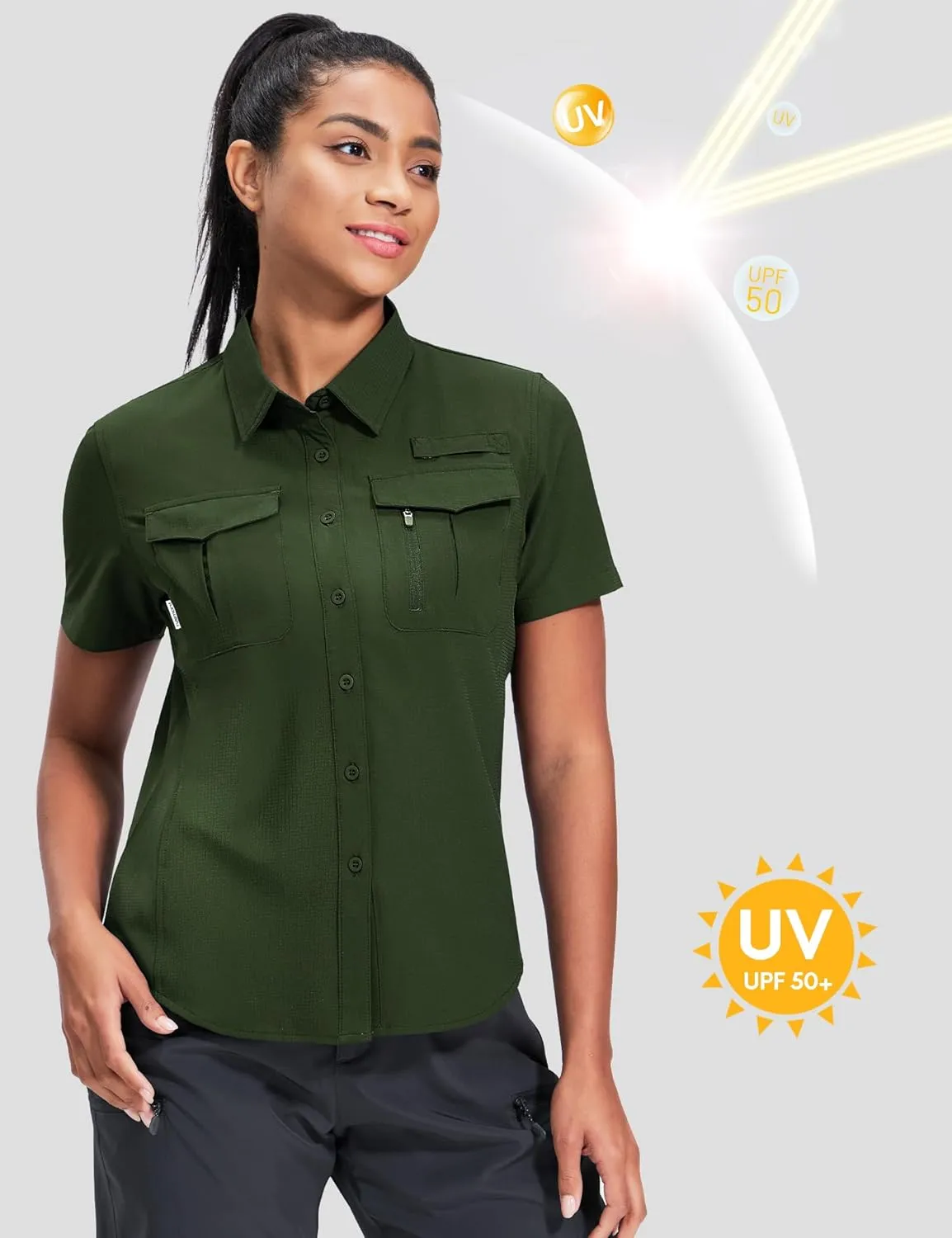 Haimont Women's Sun Protection Fishing Hiking Shirts Button Down Short Sleeve Water Resistant Quick Dry Outdoor