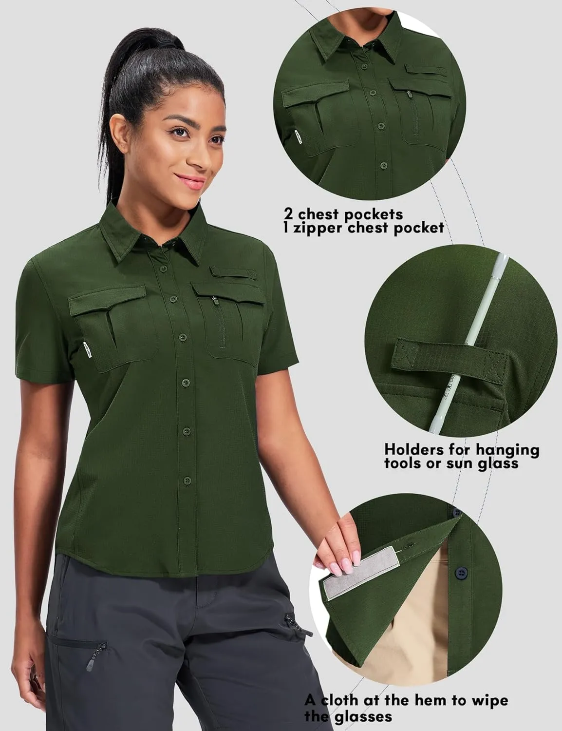 Haimont Women's Sun Protection Fishing Hiking Shirts Button Down Short Sleeve Water Resistant Quick Dry Outdoor