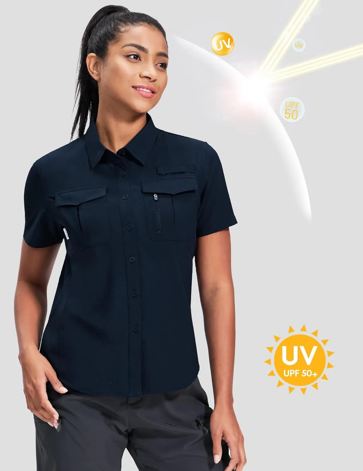 Haimont Women's Sun Protection Fishing Hiking Shirts Button Down Short Sleeve Water Resistant Quick Dry Outdoor