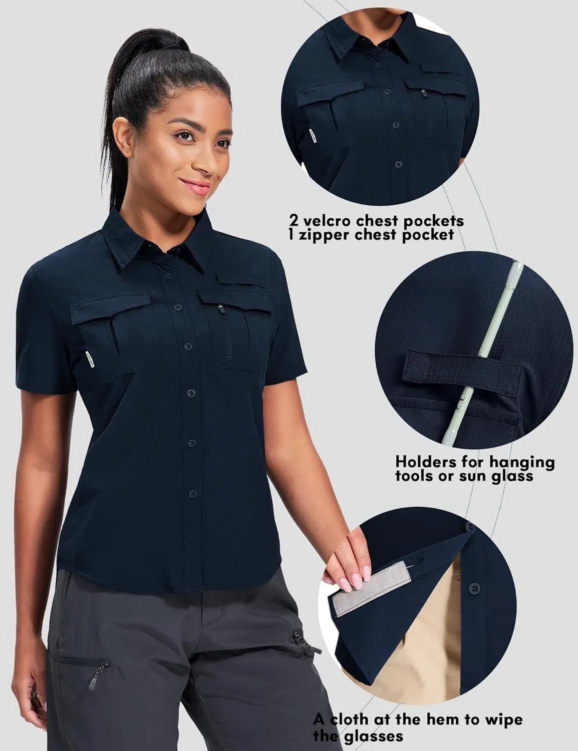 Haimont Women's Sun Protection Fishing Hiking Shirts Button Down Short Sleeve Water Resistant Quick Dry Outdoor