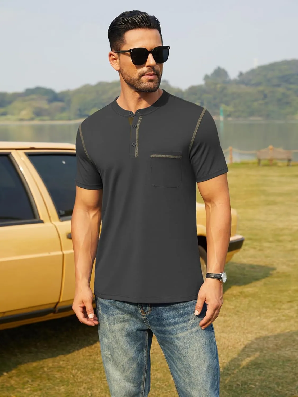 Hardaddy Men's Short Sleeve Henley Shirts Casual Summer Lightweight Button Henley Solid T-Shirt Tops