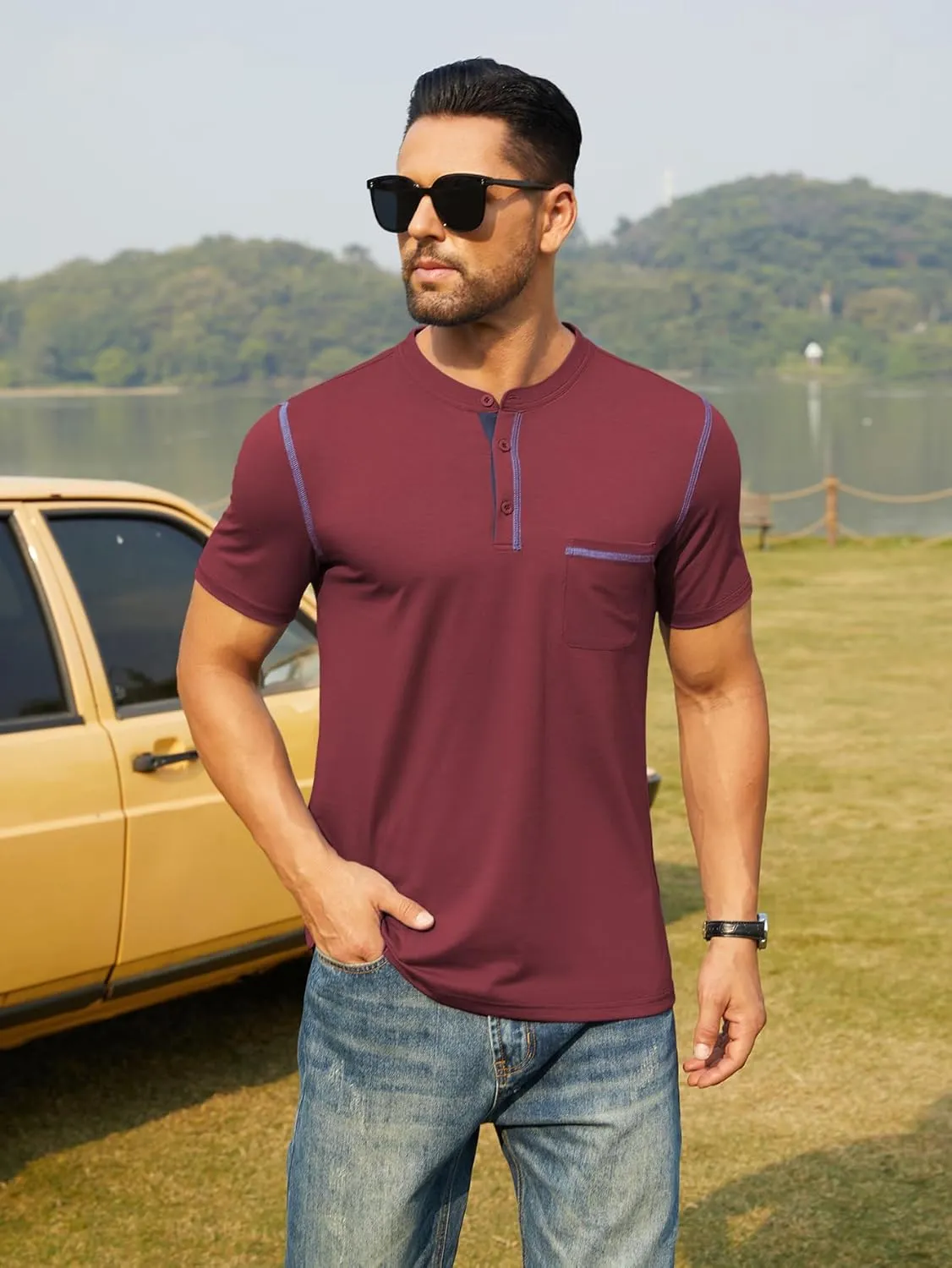 Hardaddy Men's Short Sleeve Henley Shirts Casual Summer Lightweight Button Henley Solid T-Shirt Tops