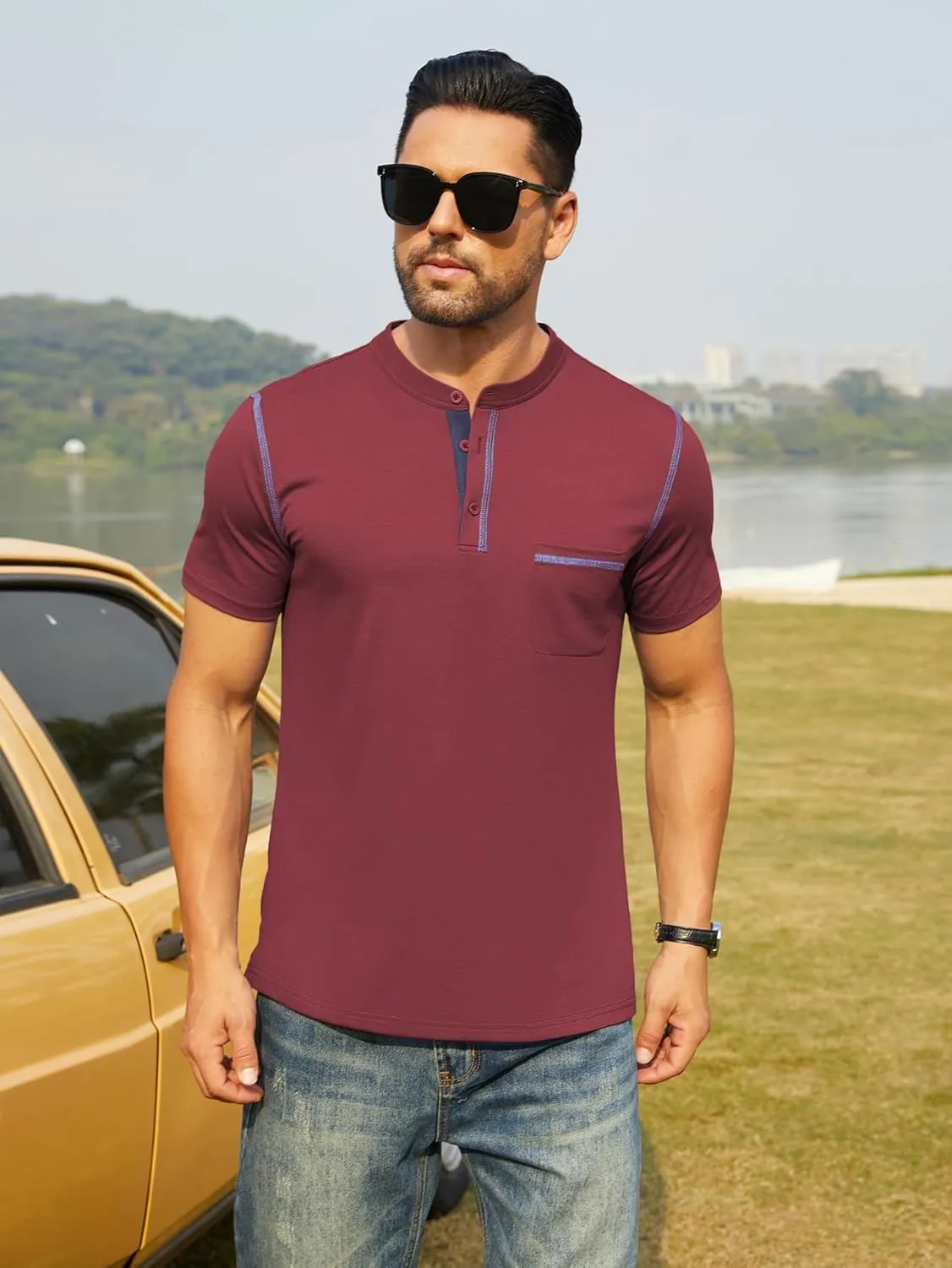 Hardaddy Men's Short Sleeve Henley Shirts Casual Summer Lightweight Button Henley Solid T-Shirt Tops