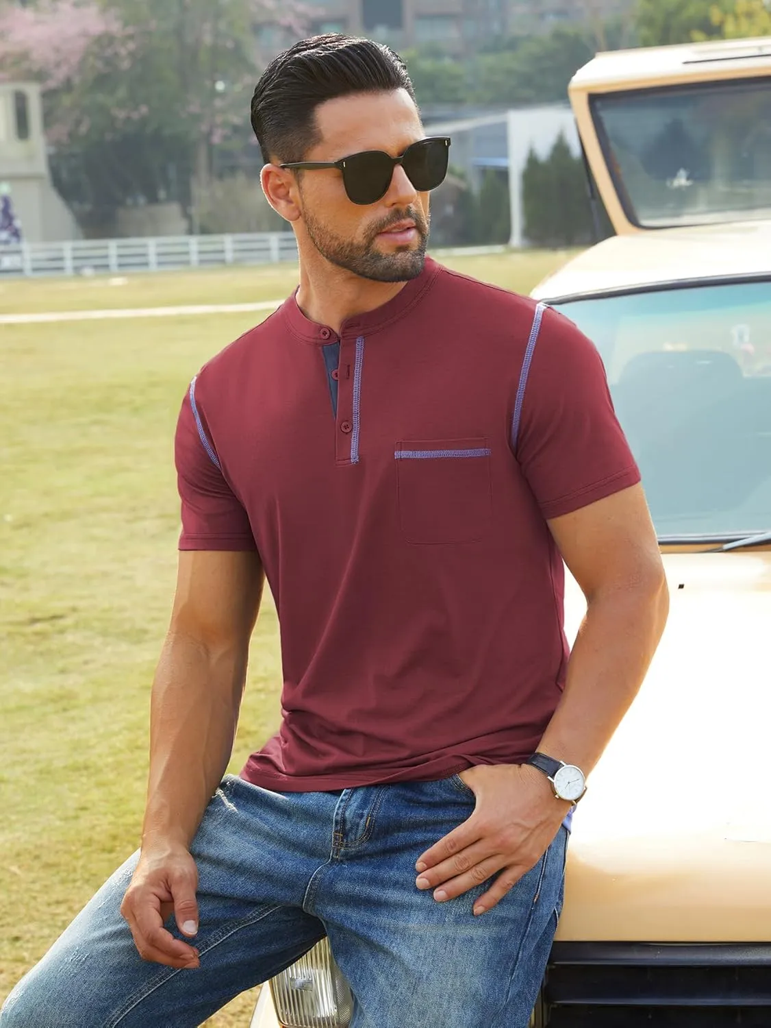 Hardaddy Men's Short Sleeve Henley Shirts Casual Summer Lightweight Button Henley Solid T-Shirt Tops