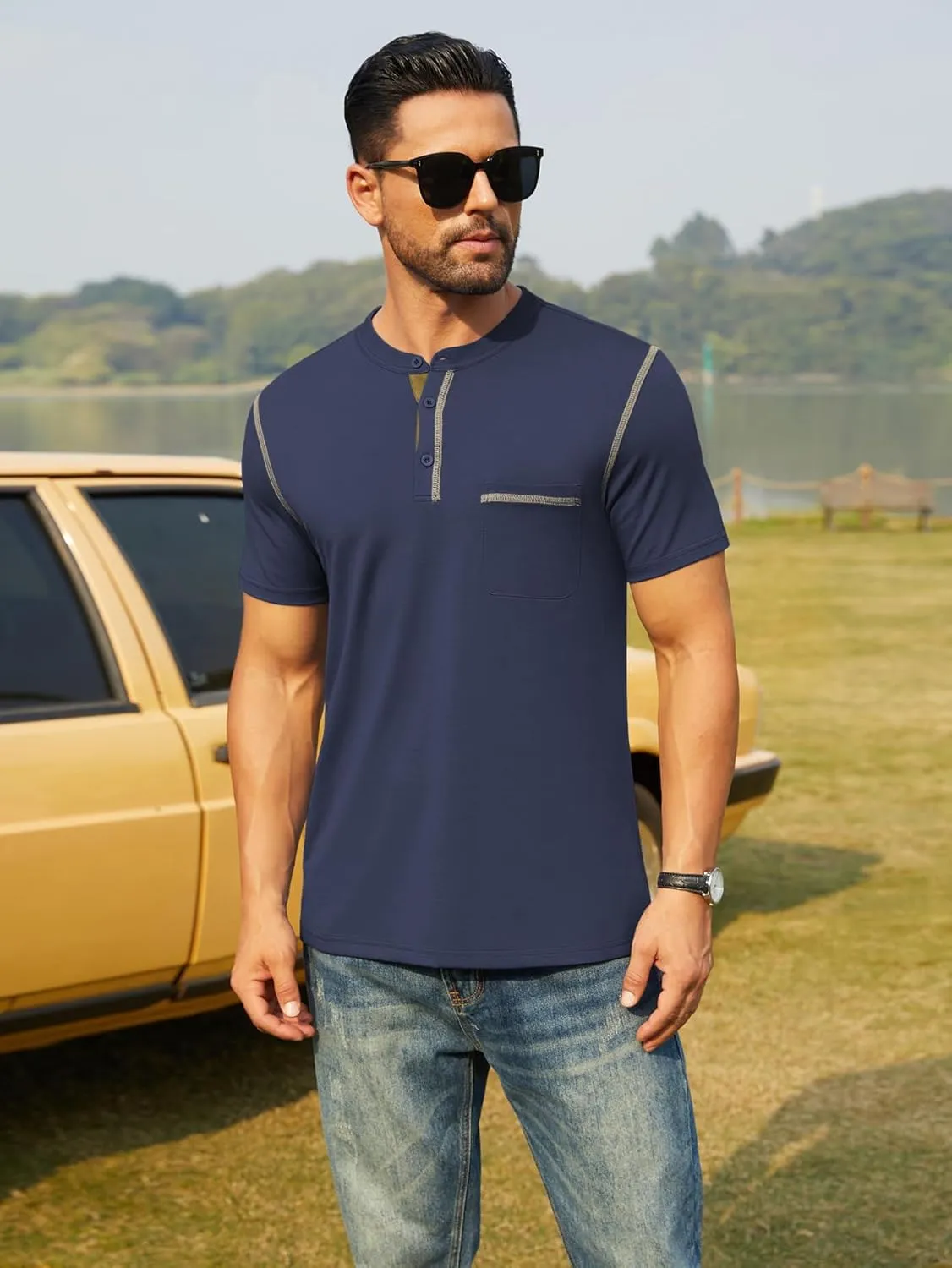 Hardaddy Men's Short Sleeve Henley Shirts Casual Summer Lightweight Button Henley Solid T-Shirt Tops