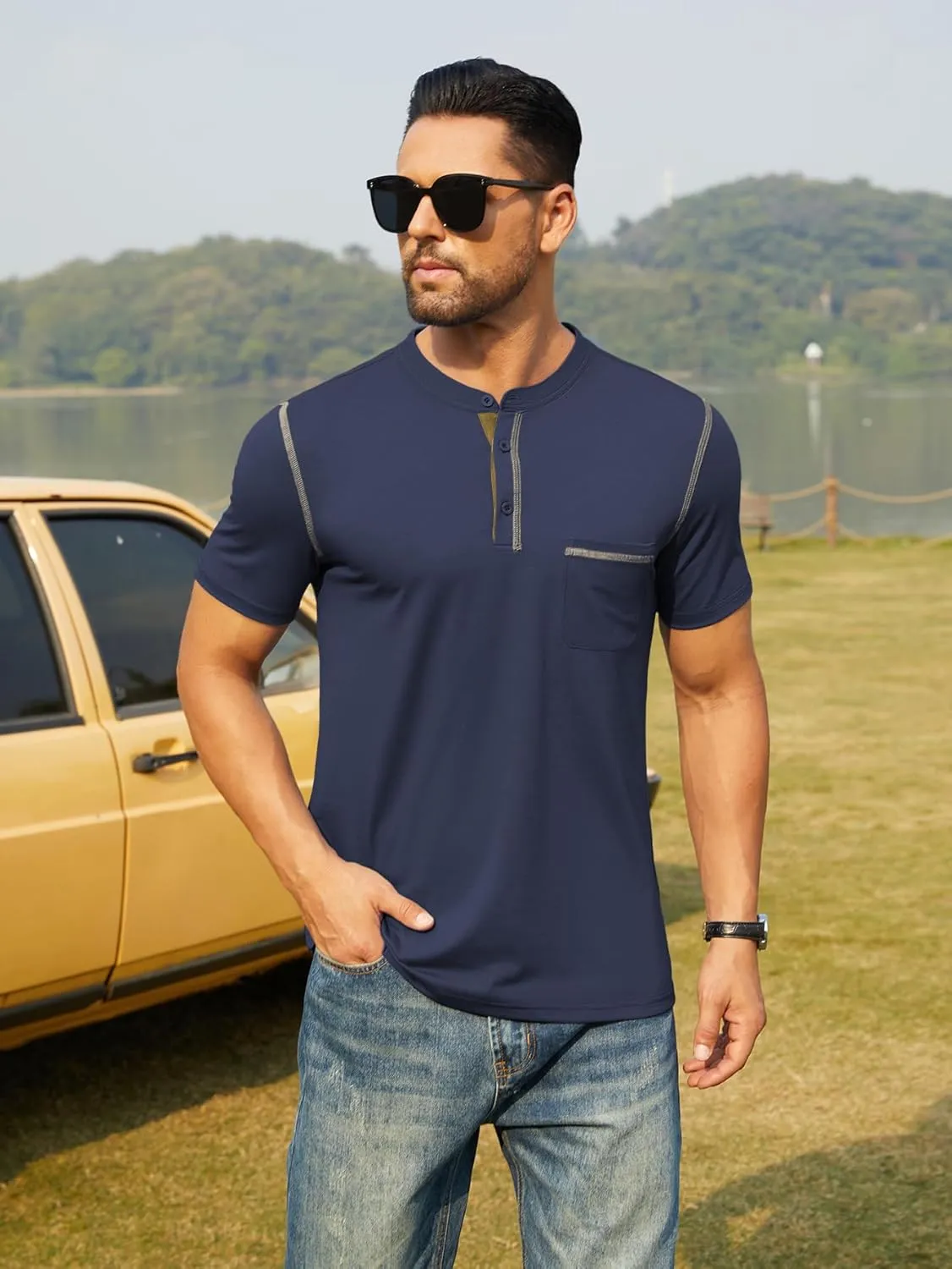 Hardaddy Men's Short Sleeve Henley Shirts Casual Summer Lightweight Button Henley Solid T-Shirt Tops