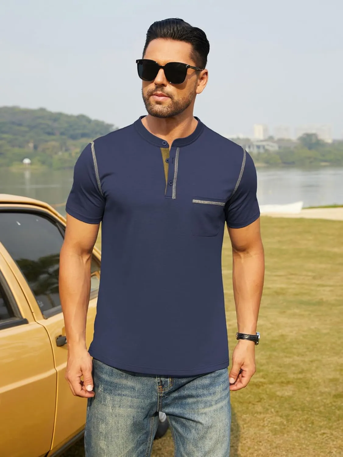 Hardaddy Men's Short Sleeve Henley Shirts Casual Summer Lightweight Button Henley Solid T-Shirt Tops