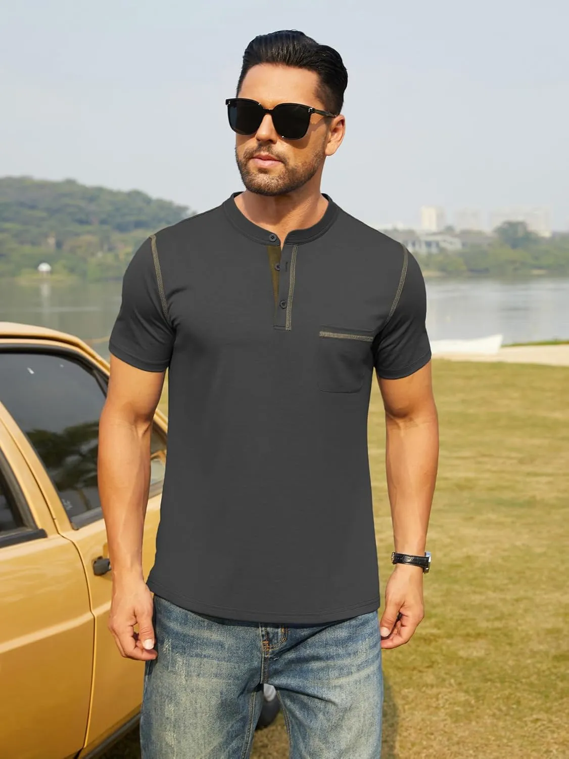 Hardaddy Men's Short Sleeve Henley Shirts Casual Summer Lightweight Button Henley Solid T-Shirt Tops