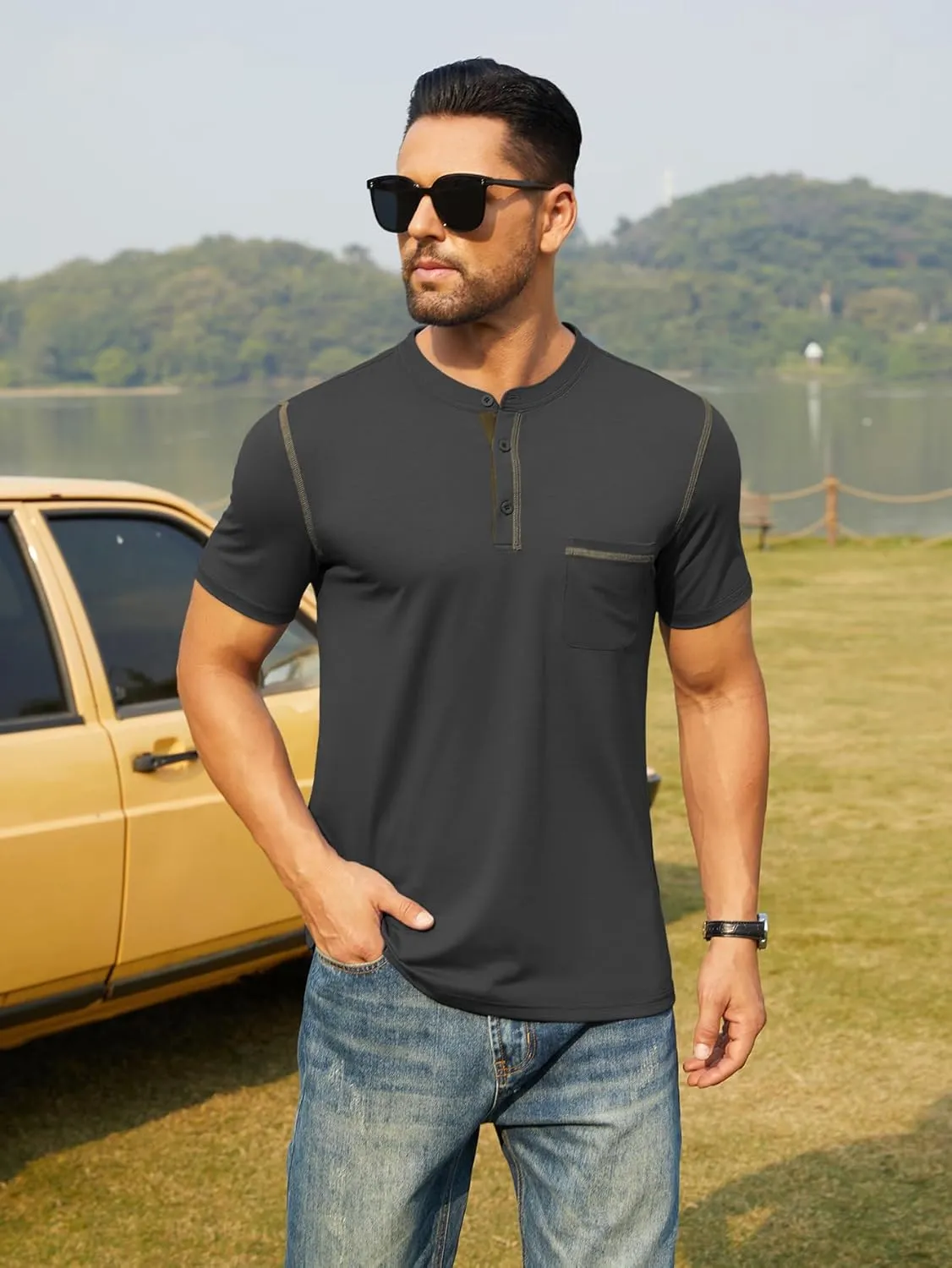 Hardaddy Men's Short Sleeve Henley Shirts Casual Summer Lightweight Button Henley Solid T-Shirt Tops
