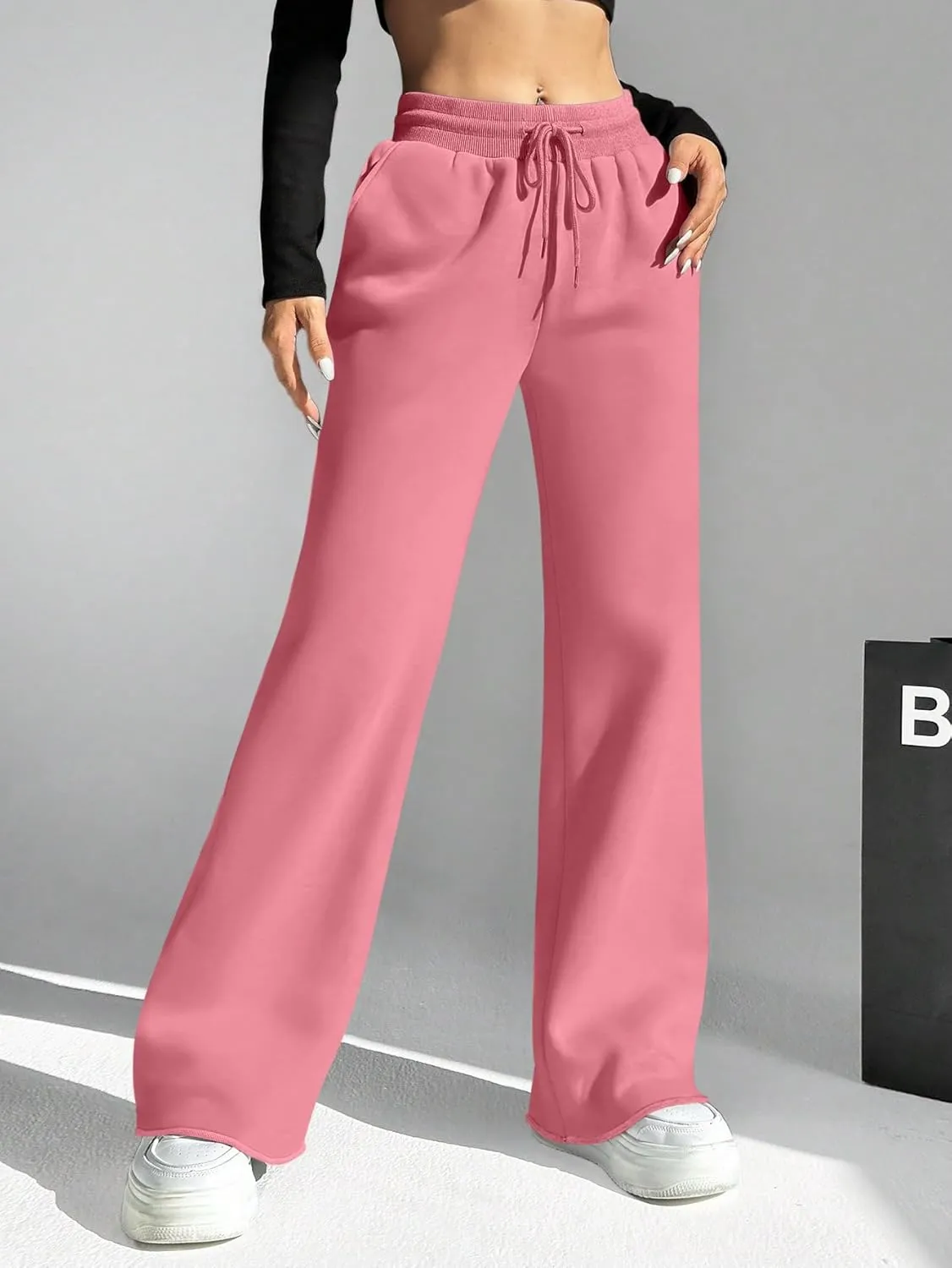 HeSaYep Women's Wide Leg Sweatpants Drawstring Ribbed Waist Baggy Sweat Pants Raw Hem Flared Lounge Pants