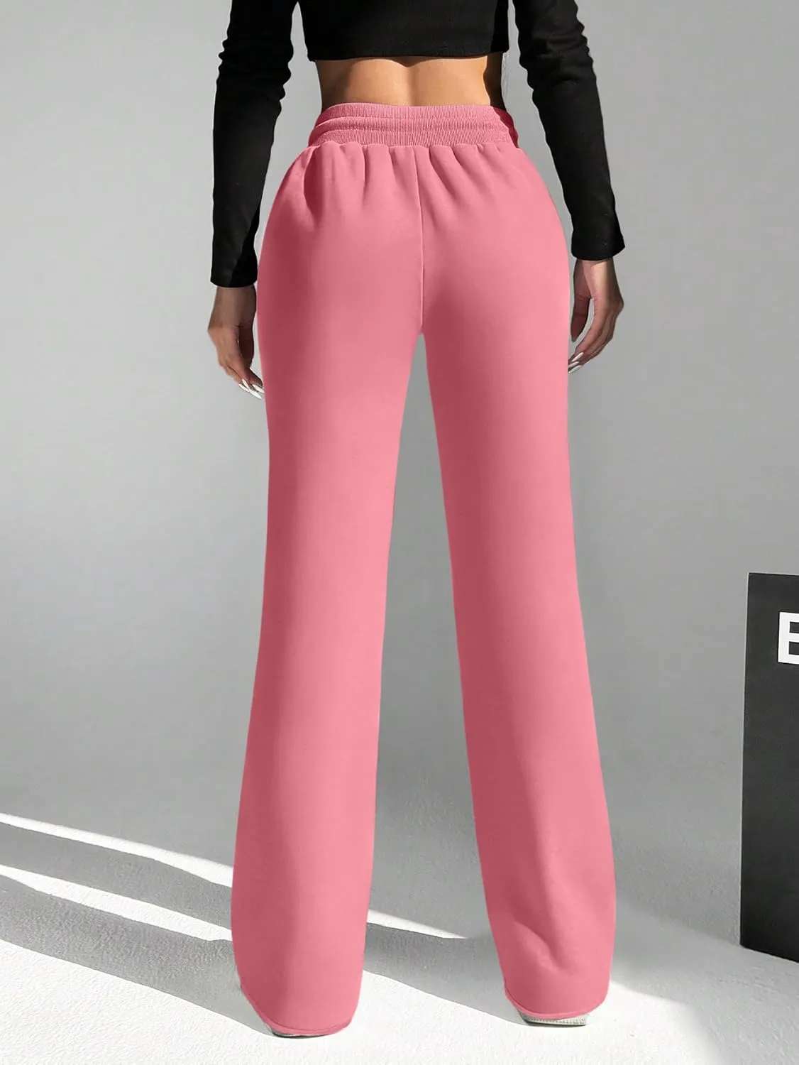HeSaYep Women's Wide Leg Sweatpants Drawstring Ribbed Waist Baggy Sweat Pants Raw Hem Flared Lounge Pants