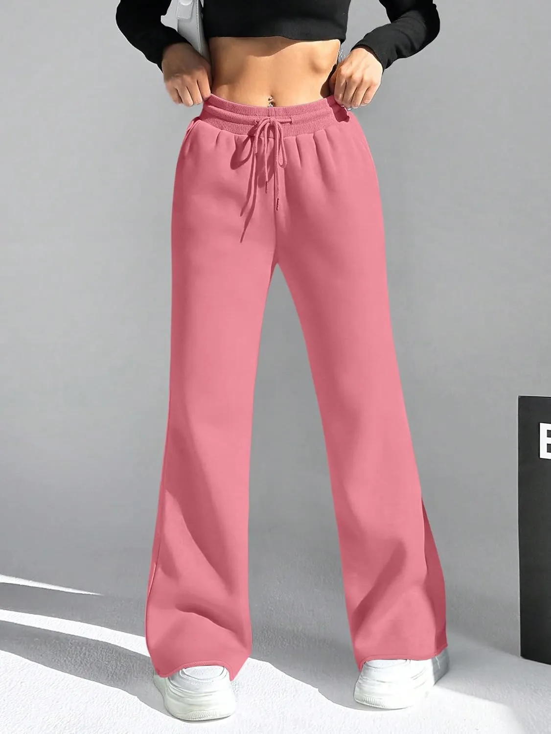 HeSaYep Women's Wide Leg Sweatpants Drawstring Ribbed Waist Baggy Sweat Pants Raw Hem Flared Lounge Pants