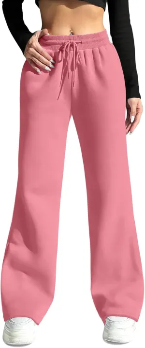 HeSaYep Women's Wide Leg Sweatpants Drawstring Ribbed Waist Baggy Sweat Pants Raw Hem Flared Lounge Pants