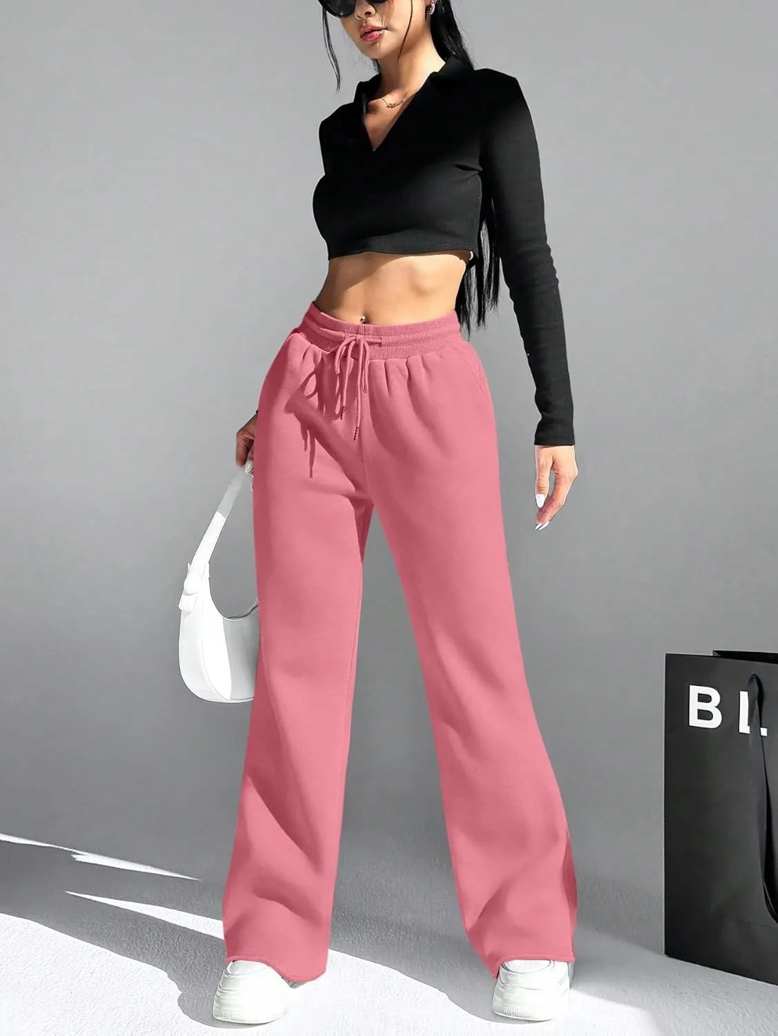 HeSaYep Women's Wide Leg Sweatpants Drawstring Ribbed Waist Baggy Sweat Pants Raw Hem Flared Lounge Pants