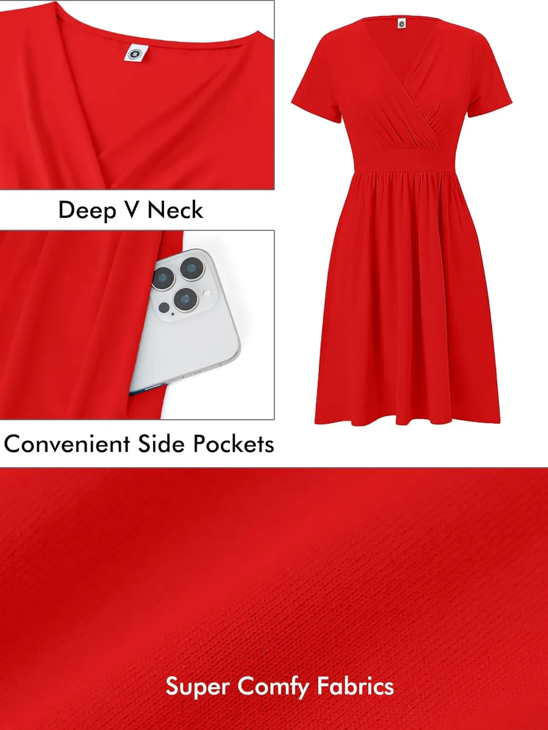 Heymoments Womens Summer Short Sleeve Casual Dresses V-Neck Midi Dress with Pockets S-2XL
