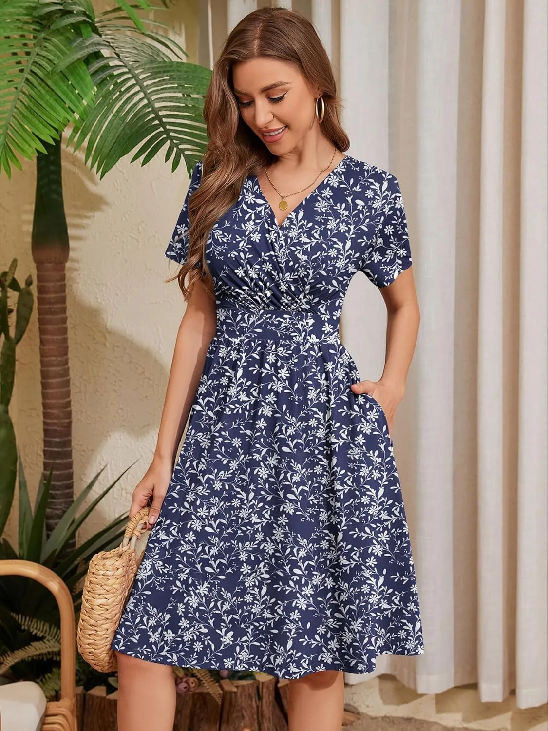 Heymoments Womens Summer Short Sleeve Casual Dresses V-Neck Midi Dress with Pockets S-2XL
