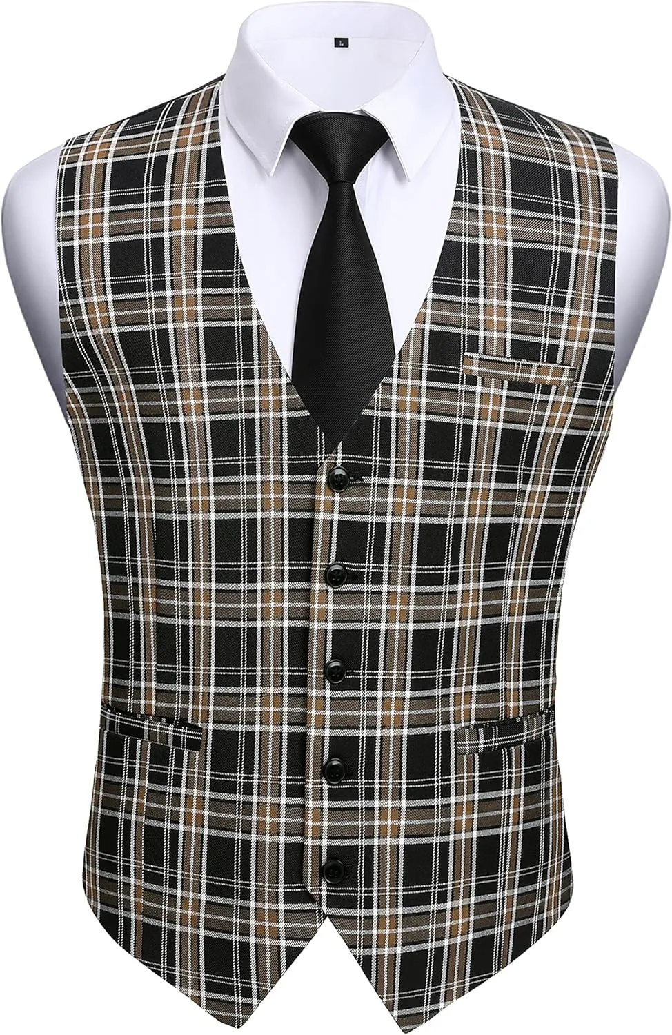 HISDERN Men's Suit Vest Business Plaid Formal Dress Waistcoat Slim Fit Vests for Men with 3 Pocket for Suit or Tuxedo