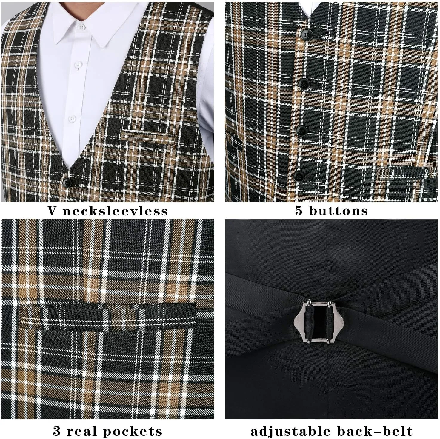 HISDERN Men's Suit Vest Business Plaid Formal Dress Waistcoat Slim Fit Vests for Men with 3 Pocket for Suit or Tuxedo