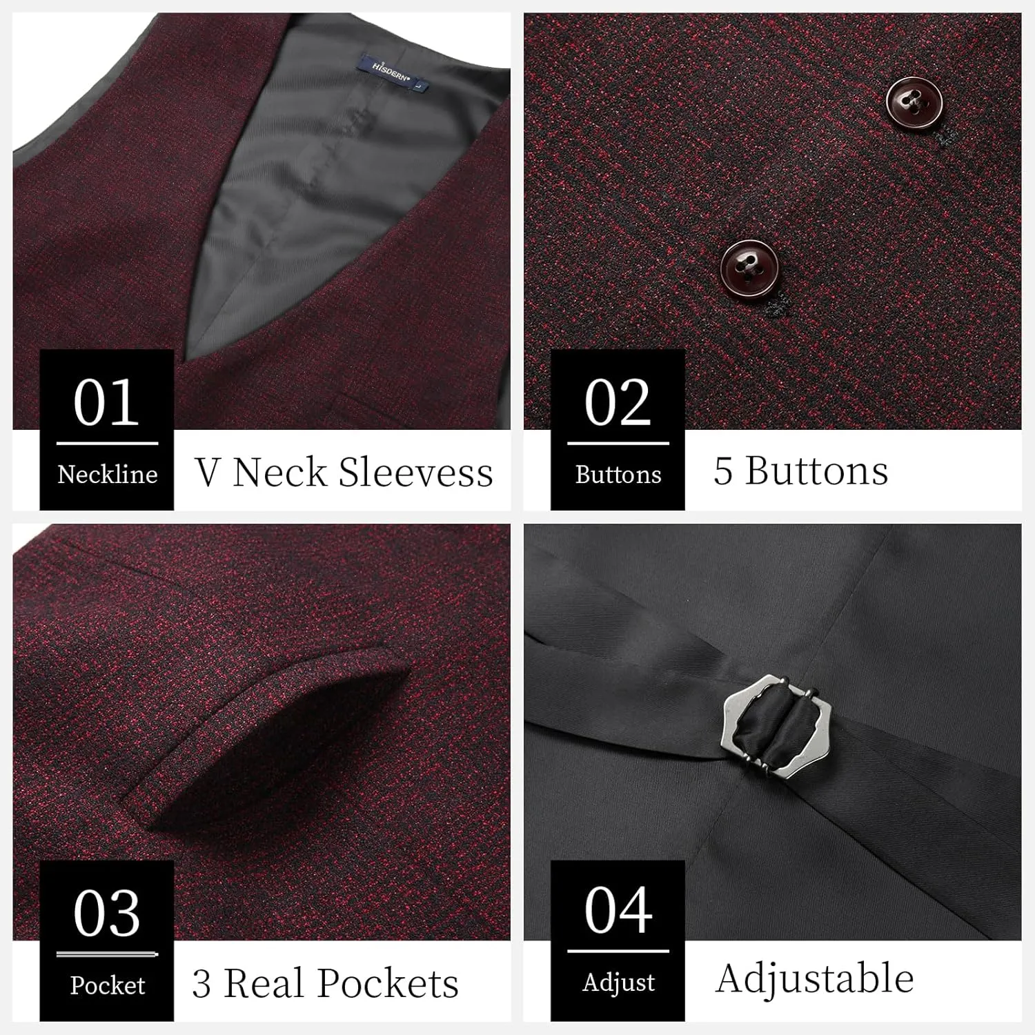 HISDERN Men's Suit Vest Business Plaid Formal Dress Waistcoat Slim Fit Vests for Men with 3 Pocket for Suit or Tuxedo