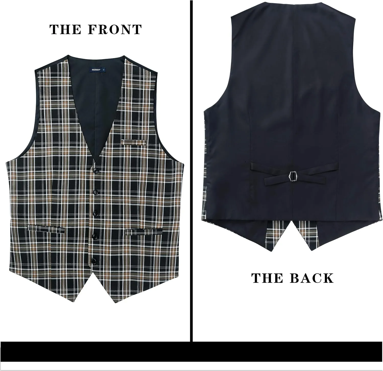 HISDERN Men's Suit Vest Business Plaid Formal Dress Waistcoat Slim Fit Vests for Men with 3 Pocket for Suit or Tuxedo