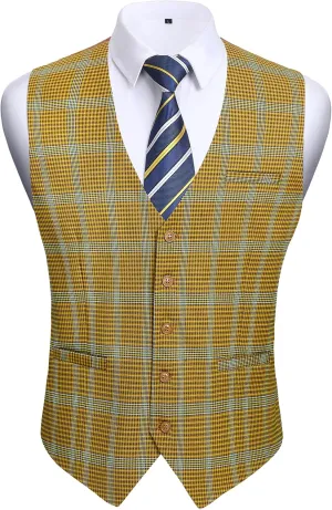 HISDERN Men's Suit Vest Business Plaid Formal Dress Waistcoat Slim Fit Vests for Men with 3 Pocket for Suit or Tuxedo