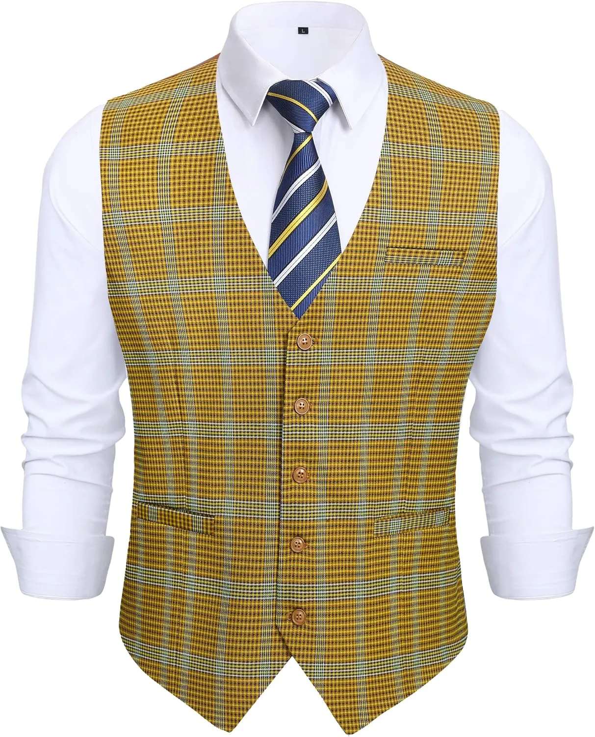 HISDERN Men's Suit Vest Business Plaid Formal Dress Waistcoat Slim Fit Vests for Men with 3 Pocket for Suit or Tuxedo