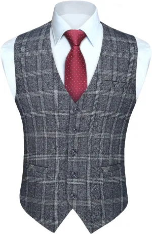HISDERN Men's Suit Vest Business Plaid Formal Dress Waistcoat Slim Fit Vests for Men with 3 Pocket for Suit or Tuxedo
