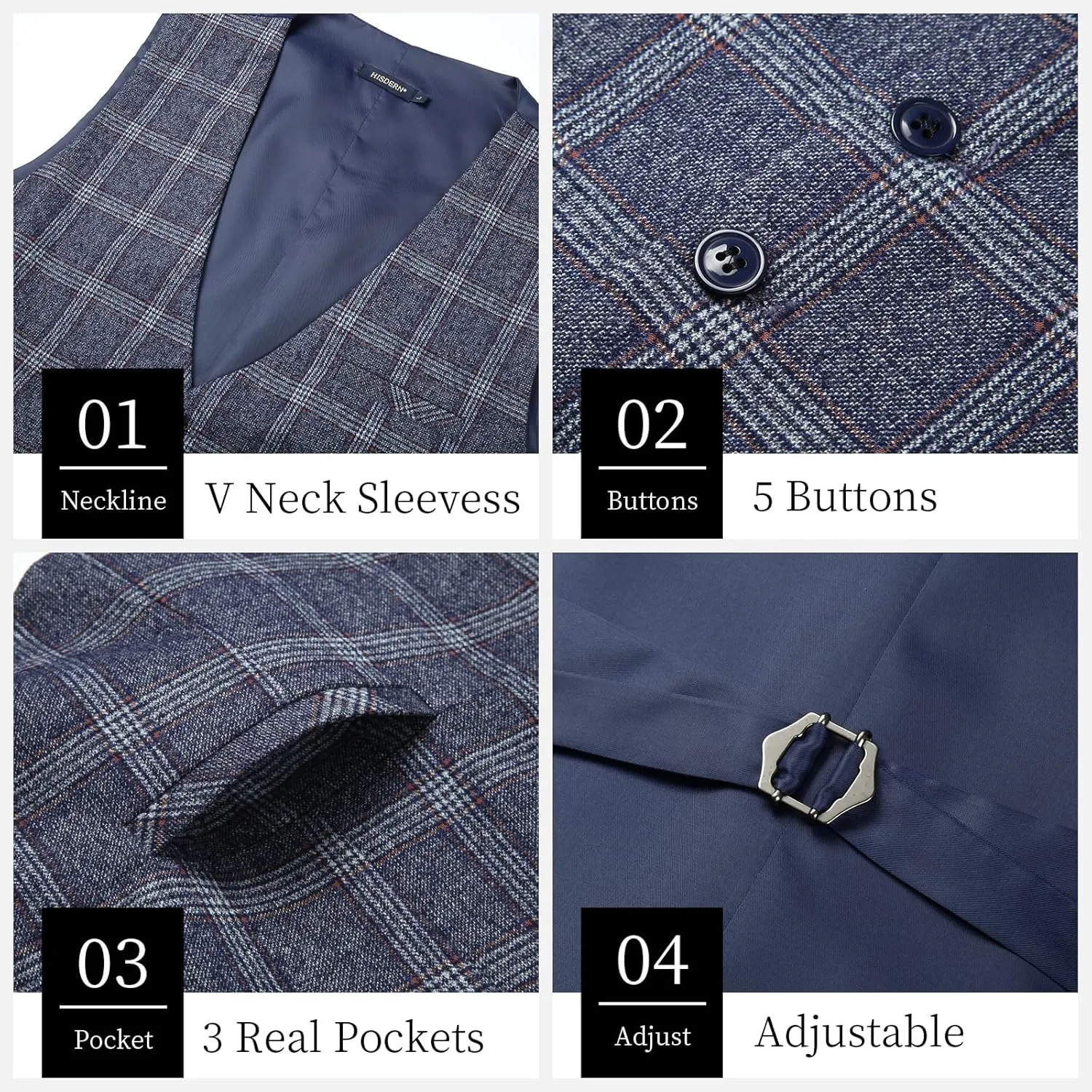 HISDERN Men's Suit Vest Business Plaid Formal Dress Waistcoat Slim Fit Vests for Men with 3 Pocket for Suit or Tuxedo