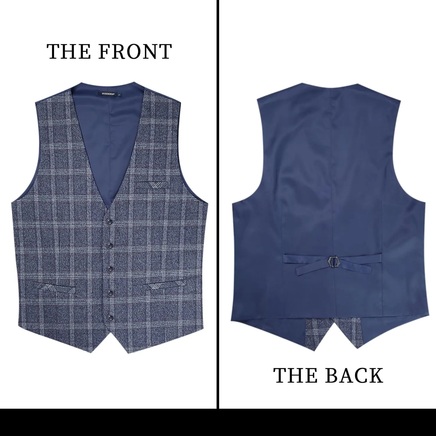 HISDERN Men's Suit Vest Business Plaid Formal Dress Waistcoat Slim Fit Vests for Men with 3 Pocket for Suit or Tuxedo