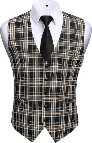 HISDERN Men's Suit Vest Business Plaid Formal Dress Waistcoat Slim Fit Vests for Men with 3 Pocket for Suit or Tuxedo