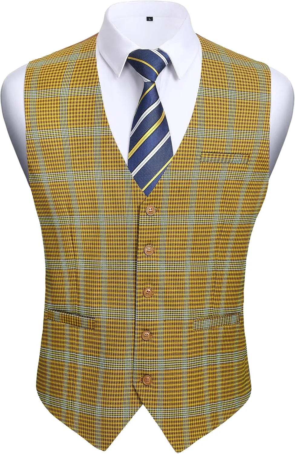 HISDERN Men's Suit Vest Business Plaid Formal Dress Waistcoat Slim Fit Vests for Men with 3 Pocket for Suit or Tuxedo