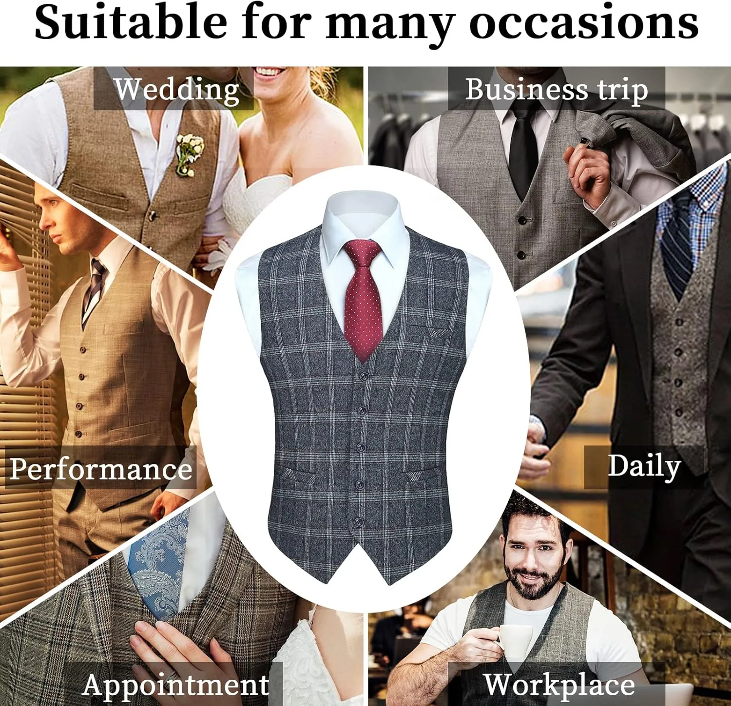 HISDERN Men's Suit Vest Business Plaid Formal Dress Waistcoat Slim Fit Vests for Men with 3 Pocket for Suit or Tuxedo