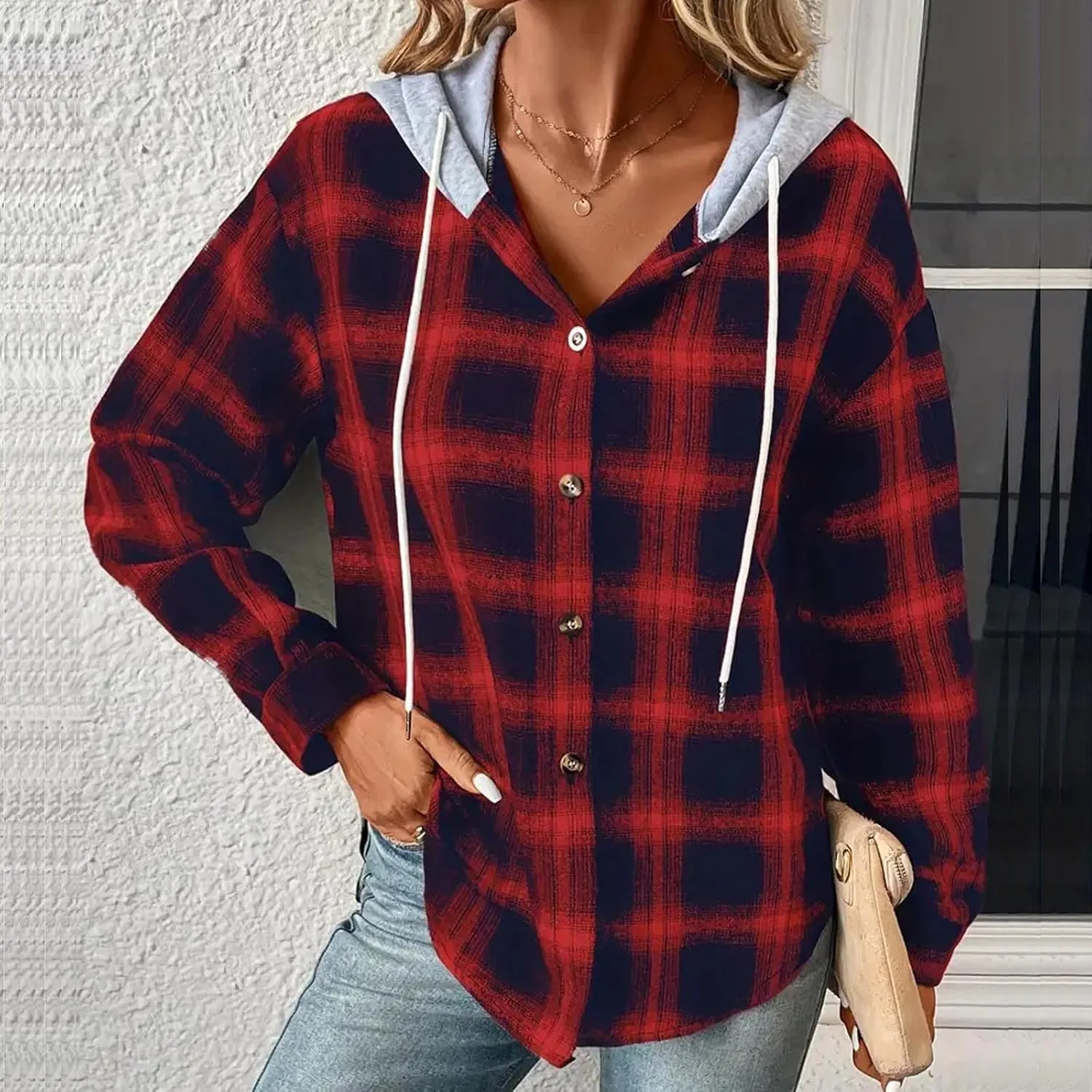 Hooded Flannel Shirts for Women Plaid Shacket Jacket Button Down Long Sleeve Brushed Plaid Shirts Hoodie Coats