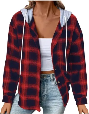 Hooded Flannel Shirts for Women Plaid Shacket Jacket Button Down Long Sleeve Brushed Plaid Shirts Hoodie Coats